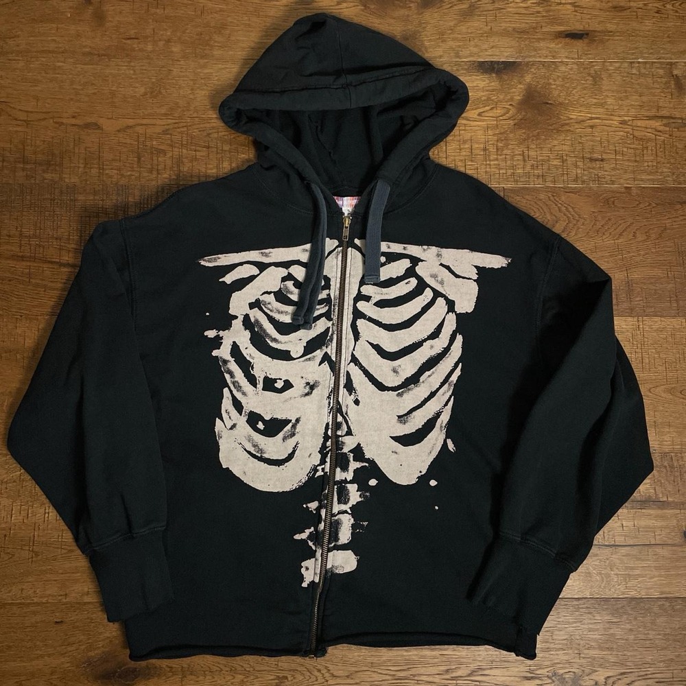 Urban Outfitters Zip Up Hoodie Mens S Black Goth Skeleton Rib Cage Raw Hem Baggy